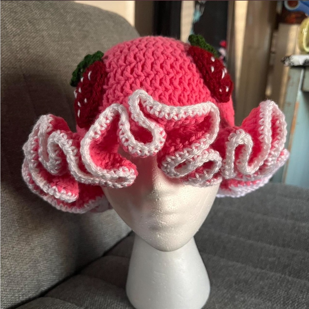 Handmade Pink and White Crochet Hat with Strawberry Design